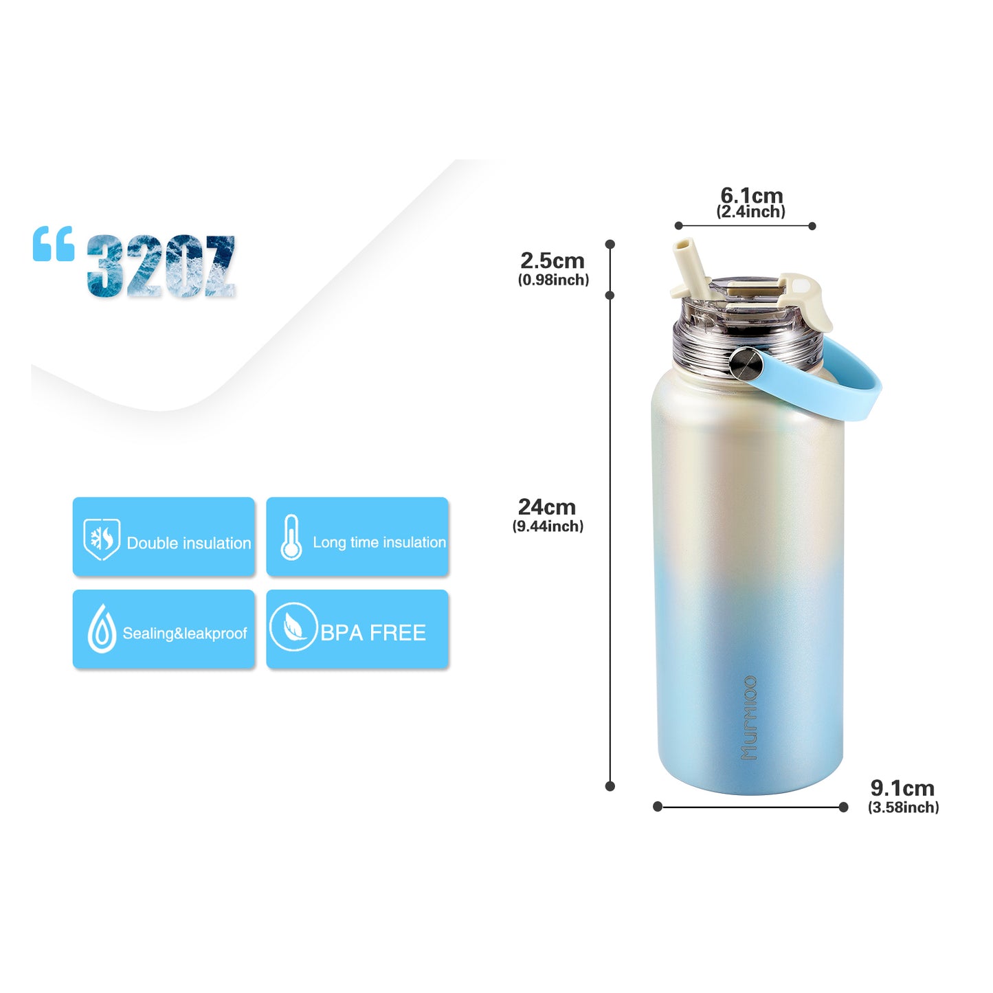 960ML Sports Bottle - Blue White Gradient