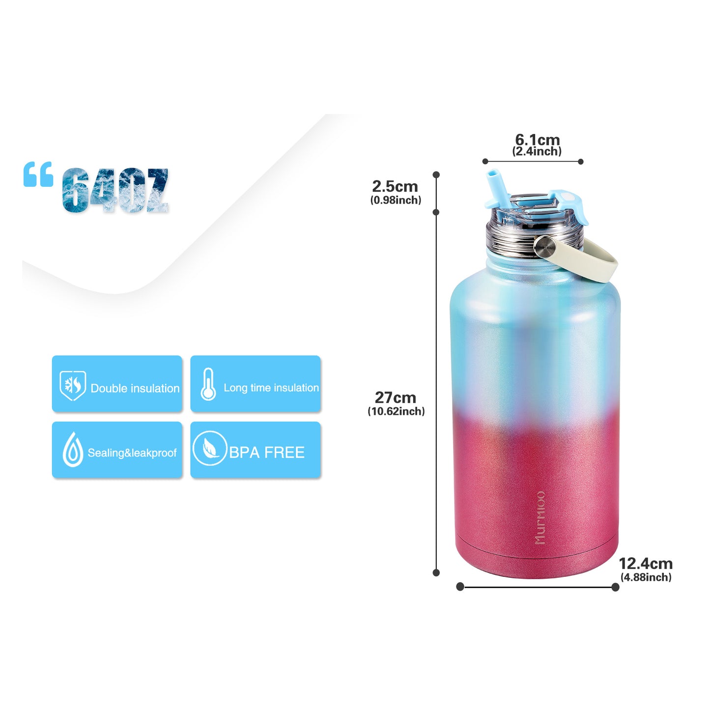 1900ML Sports Bottle - Rose Blue Gradient